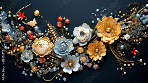 3d mural illustration white amp blue background with red golden jewelry and flowers in black decorat