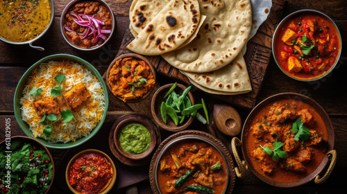 Generative ai illustration of Overhead photo Closeup of traditional Indian dishes