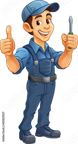 An electrician handyman or other construction cartoon mascot man holding a screwdriver tool.