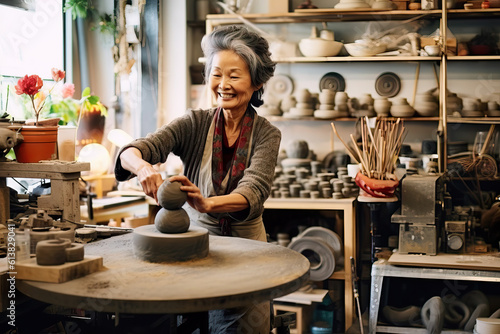 Passionate female pottery artist creating elegant ceramics in a modern studio. Generative AI.