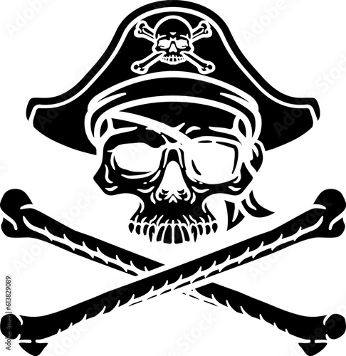 A pirate skull and crossbones jolly roger grim reaper cartoon wearing captain a hat and eye patch