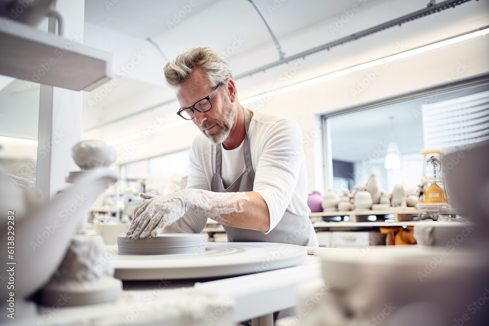 Passionate Small Business Owner Creating Elegant Pottery in Modern Studio. Generative AI. Passionate Small Business Owner Creating Elegant Pottery in Modern Studio. Generative AI.