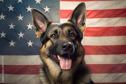 Generative Ai content. German shepherd dog on the background of the American flag. Beautiful puppy on Independence Day. Front view, close portrait. 4th of July, Independence Day