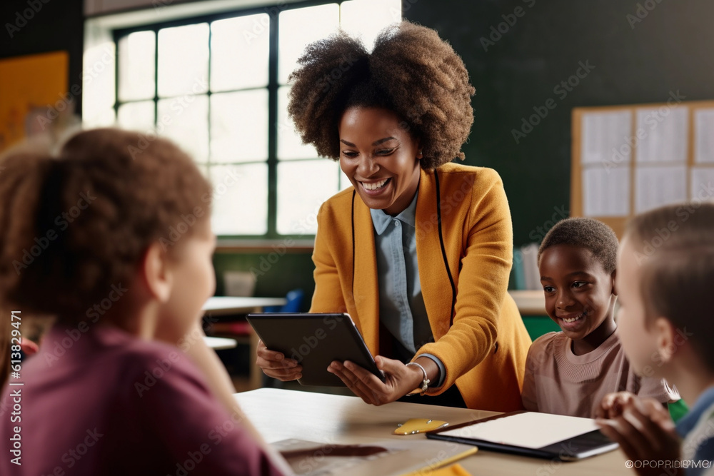 Smiling students and teachers in a classroom at school. E-learning and education concept. Generative AI Smiling students and teachers in a classroom at school. E-learning and education concept. Generative AI