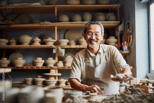 Passionate Small Business Owner Creating Elegant Pottery in Modern Studio. Generative AI.