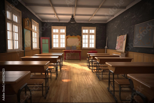 Empty classroom with big windows, many chairs and desk and blackboard. Generative AI © Creative Clicks