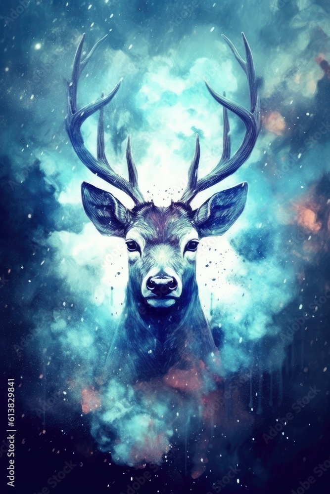 art deer in space . dreamlike background with deer . Hand Drawn Style illustration art deer in space . dreamlike background with deer . Hand Drawn Style illustration