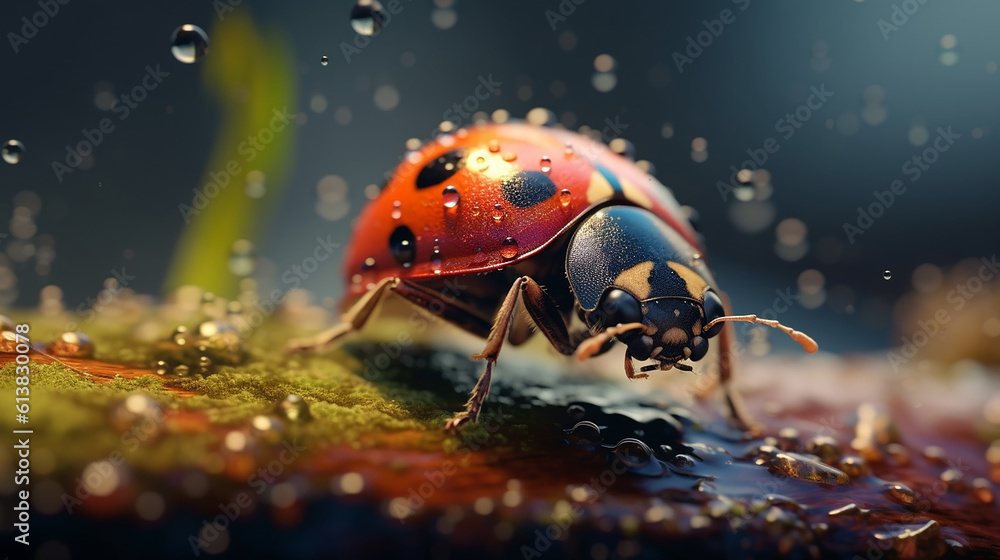AI generative macro photography of a lady bug outdoors in a rainy day AI generative macro photography of a lady bug outdoors in a rainy day