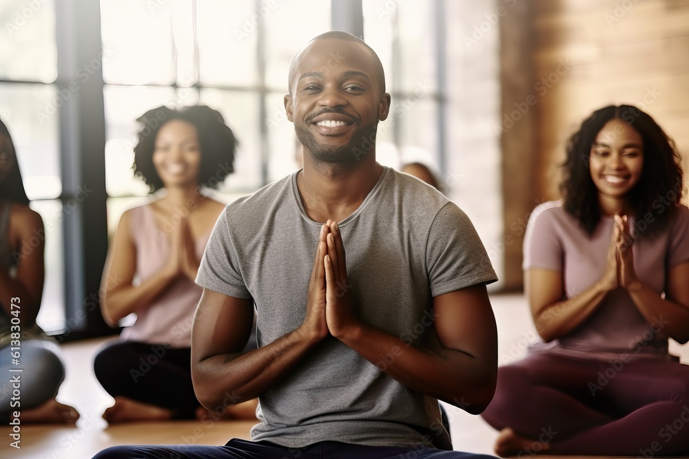 Optimistic Small Business Male Owner Leading Serene Meditation in Modern Yoga Studio. Generative AI.