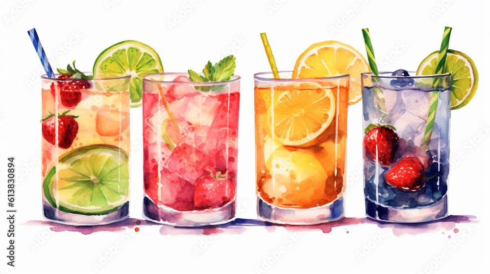 Watercolor painting of fresh fruits Summer cocktails isolated on a white background created with Generative AI technology Watercolor painting of fresh fruits Summer cocktails isolated on a white background created with Generative AI technology