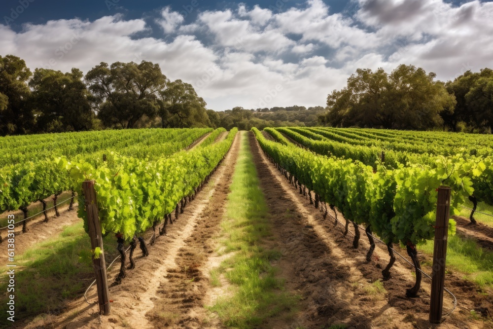 Picturesque vineyard with neat rows of grapevines