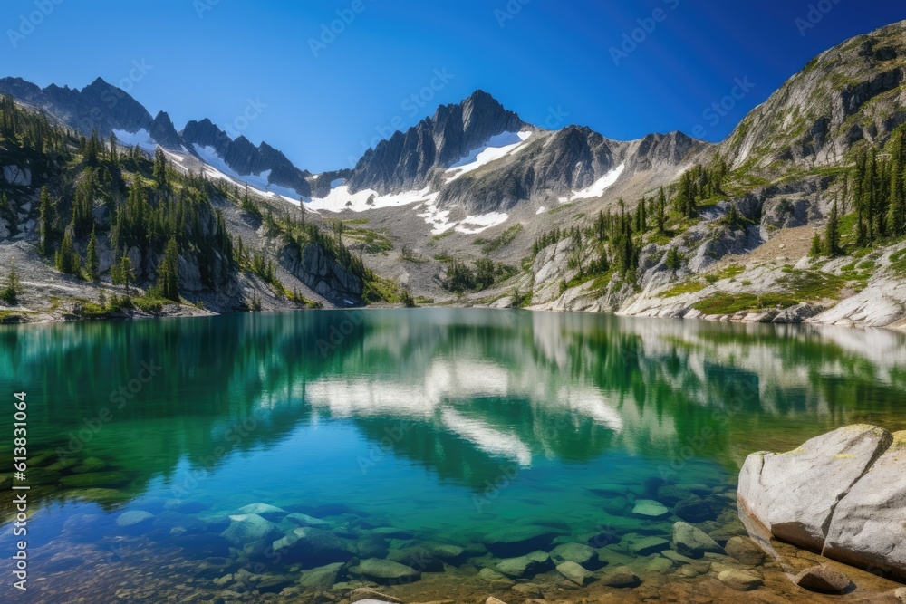 Pristine alpine lake surrounded by towering peaks