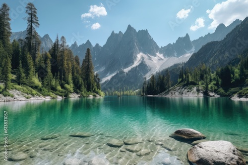 Pristine alpine lake surrounded by towering peaks © GenieStock