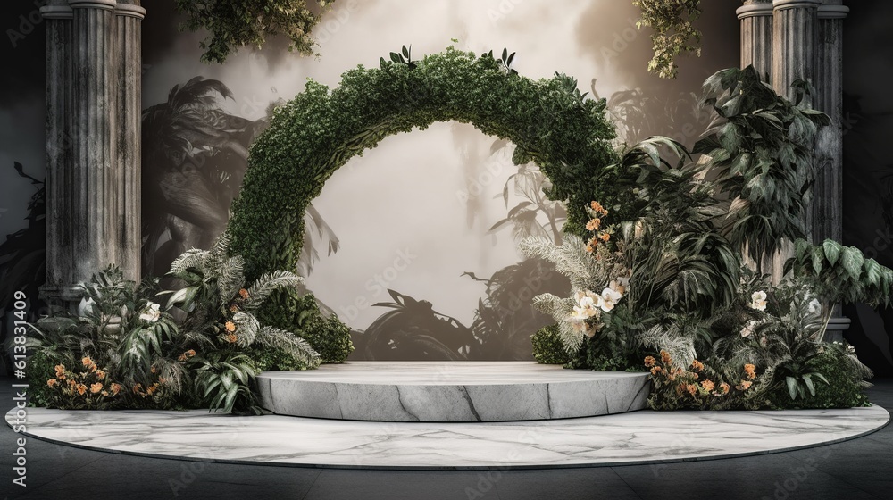 A beautiful background with marble podium stage with empty space to promote products and services. Plants and Flowers. Create with generative ai.