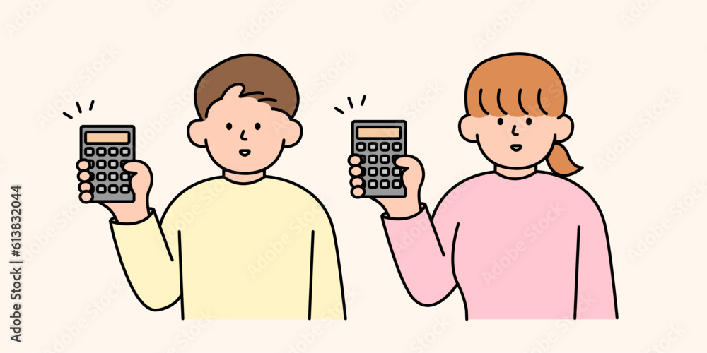 Man And Woman Holding Calculator. Simple Style Vector illustration. Man And Woman Holding Calculator. Simple Style Vector illustration.