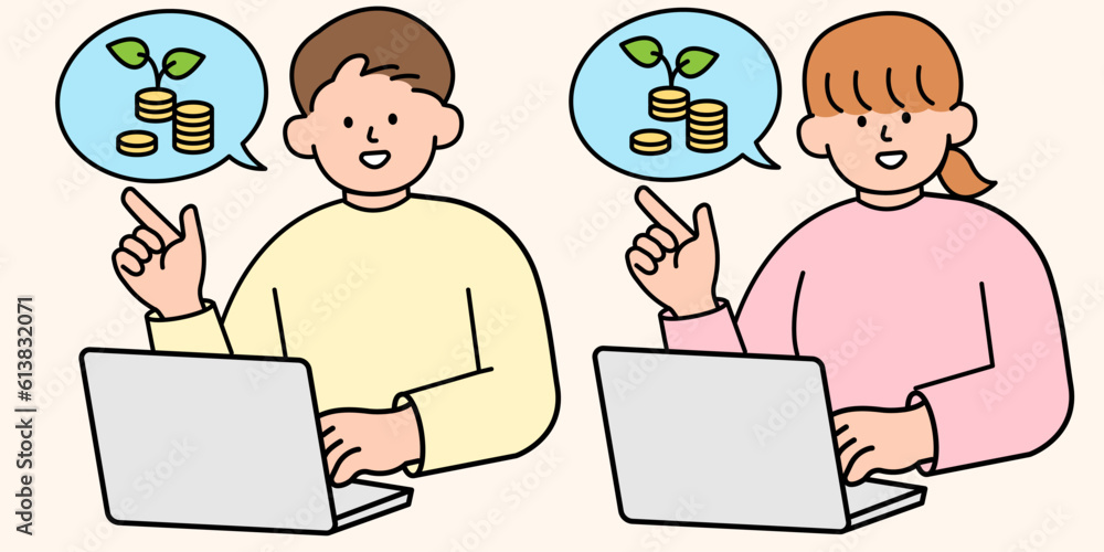 Man And Woman Opening Computer to Check Savings. Simple Style Vector illustration.