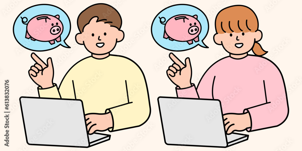 Man And Woman Opening Computer and Discussing Piggy Bank. Simple Style Vector illustration. Man And Woman Opening Computer and Discussing Piggy Bank. Simple Style Vector illustration.