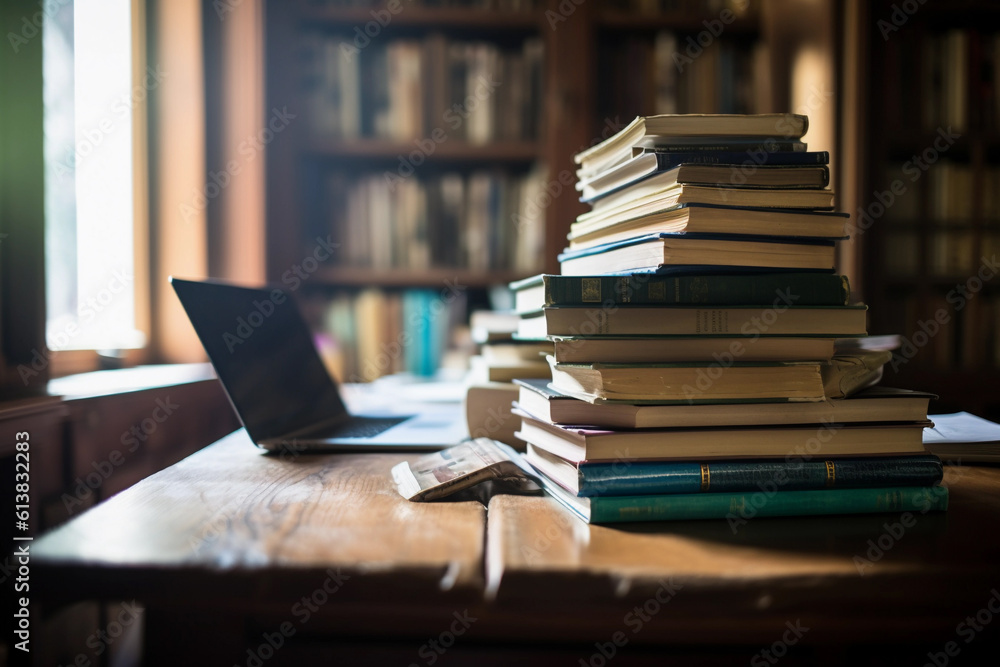 Organized pile of books on a desk with a laptop. E-learning concept. Generative AI Organized pile of books on a desk with a laptop. E-learning concept. Generative AI