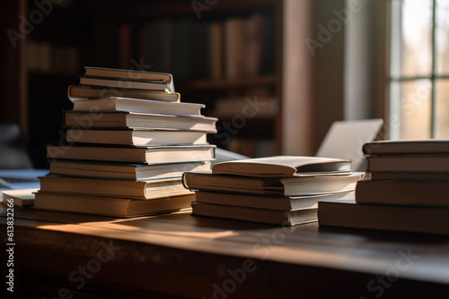 Organized pile of books on a desk with a laptop. E-learning concept. Generative AI