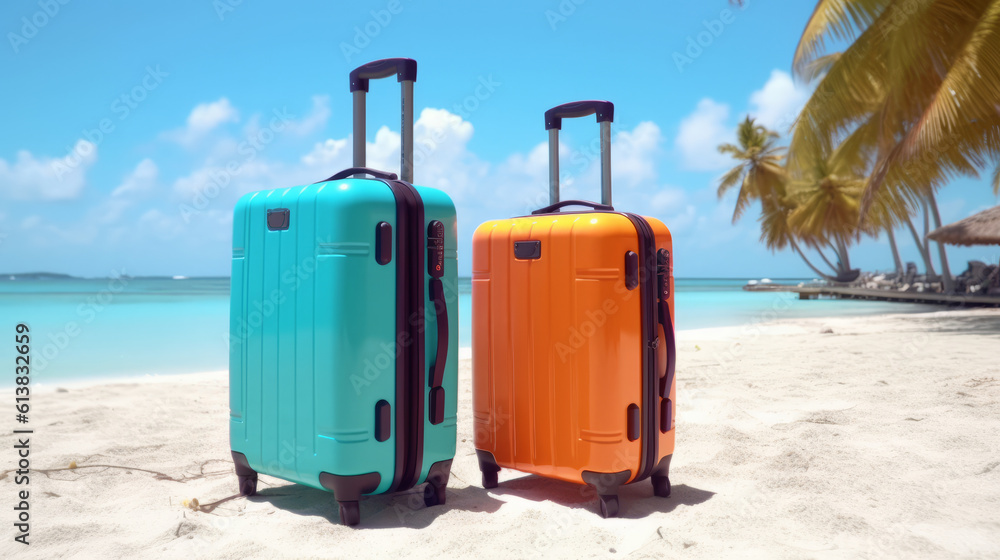 Two travel colorful suitcases on a tropical beach for summer vacations concept Two travel colorful suitcases on a tropical beach for summer vacations concept