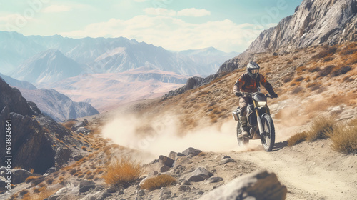 A daring motocross rider navigating a rugged rocky trail with a breathtaking mountain vista , adventure riding concept