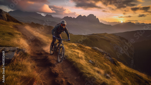 A daring mountain bike rider navigating a rugged rocky trail with a breathtaking mountain vista , adventure riding concept
