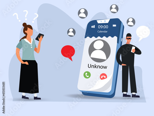 Cheater Prank or Scam Activity Concept. people Fraud  Call from Unknown Number to Subscriber. Hoax Warning, Suspicious Anonymous Calls. Vector Illustration.