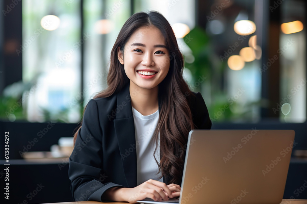 Young smiling Asian business woman employee or student working on laptop in corporate office. Marketing manager using computer technology. Generative Ai content.