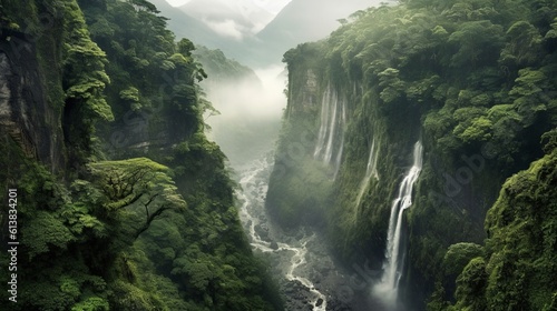 A beautiful landscape with waterfalls  fog and mountains. Create with generative ai.