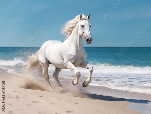 Beautiful horse run along the shore of the sea. Generative AI.