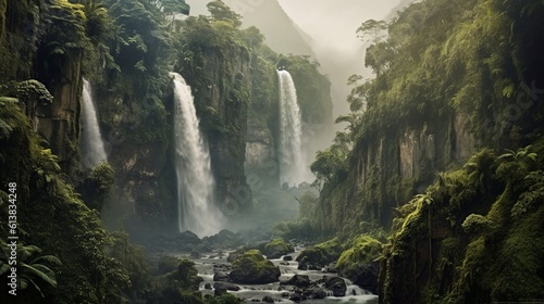 A beautiful landscape with waterfalls  fog and mountains. Create with generative ai.