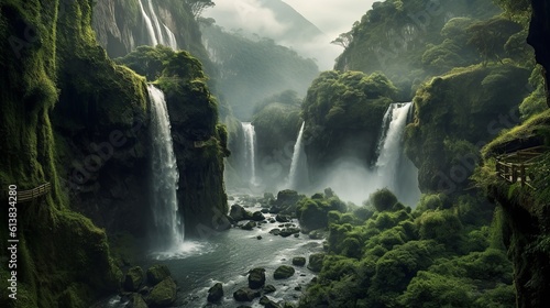 A beautiful landscape with waterfalls  fog and mountains. Create with generative ai.