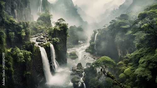 A beautiful landscape with waterfalls  fog and mountains. Create with generative ai.