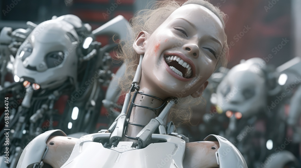 A close-up of a humanoid robot laughing and feeling good with a happy facial expression. Artificial Intelligence, AI, becoming sentient, possessing feelings and consciousness. Generative AI