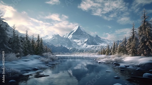 A beautiful realistic landscape with montains, clouds and ice. Create with generative ai.