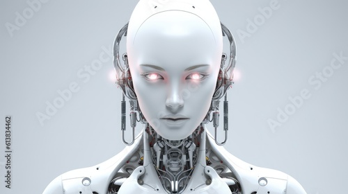 A front-shot portrait of a female humanoid robot with red eyes looking directly into the camera on a plain background. Generative AI photo
