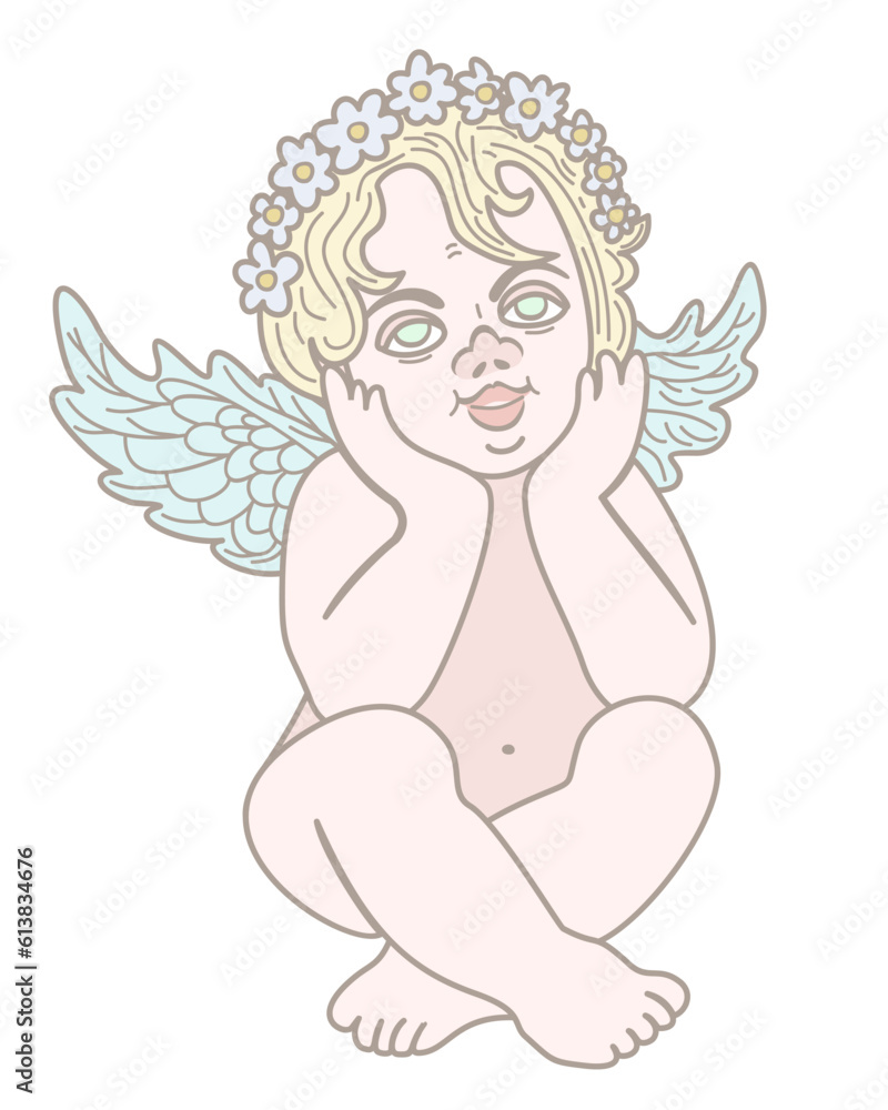 Little angel wuth wreath. Soft vector illustration isolated on white background. Little angel wuth wreath. Soft vector illustration isolated on white background.