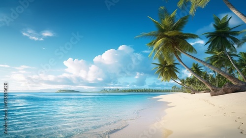 A beautiful tropical beach landscape with coconut trees, clean water in a sunny day. Create with generative ai. © joseduardo