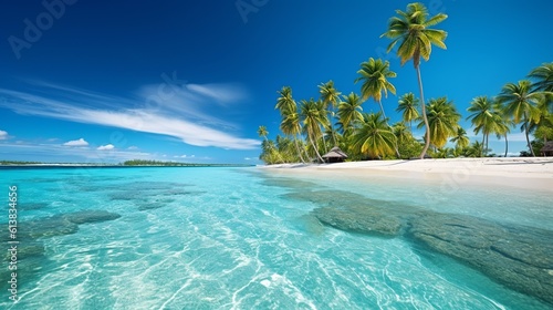 A beautiful tropical beach landscape with coconut trees, clean water in a sunny day. Create with generative ai.