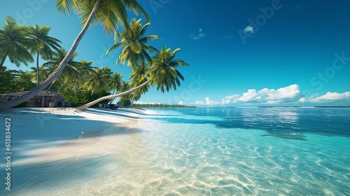 A beautiful tropical beach landscape with coconut trees  clean water in a sunny day. Create with generative ai.