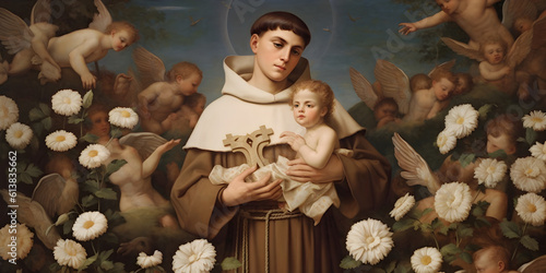 Saint Anthony of Padua religion faith holy illustration. St. Anthony. Patron Saint of Lost Items. With Child Jesus.