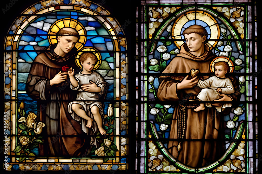Saint Anthony of Padua religion faith holy illustration. St. Anthony. Patron Saint of Lost Items. With Child Jesus. Stained Glass.