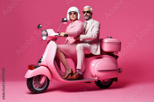 girl and boy on scooter. . A man and a woman in a romantic relationship on a pink background. Concept of love, A Valentine's Day Card., love concept with copy space.