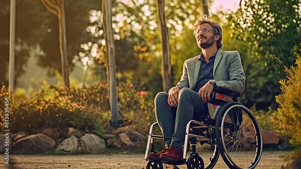 Disabled handicapped young man in wheelchair outdoors Disabled handicapped young man in wheelchair outdoors