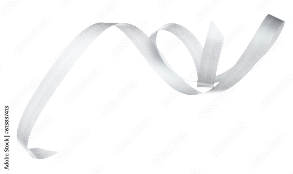 Gray ribbon long straight fly in air with curve roll shiny. Gray ribbon for present gift birthday party to wrap around decorate and make of textile cloth long straight. White background isolated Gray ribbon long straight fly in air with curve roll shiny. Gray ribbon for present gift birthday party to wrap around decorate and make of textile cloth long straight. White background isolated