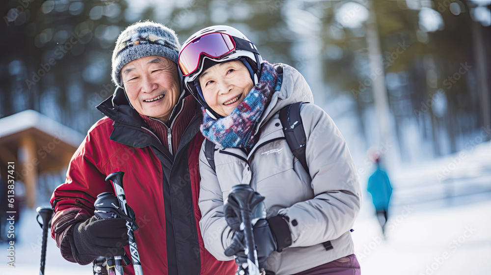 Couple of asian pensioners have a rest in ski resort. winter holidays Couple of asian pensioners have a rest in ski resort. winter holidays