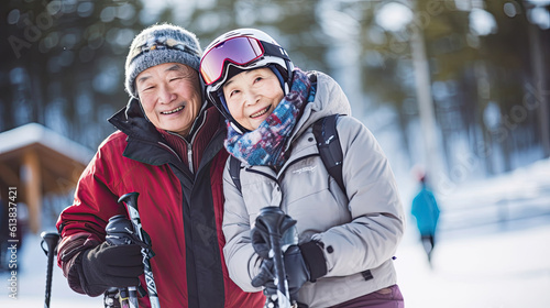 Couple of asian pensioners have a rest in ski resort. winter holidays