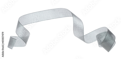 Gray ribbon long straight fly in air with curve roll shiny. Gray ribbon for present gift birthday party to wrap around decorate and make of textile cloth long straight. White background isolated