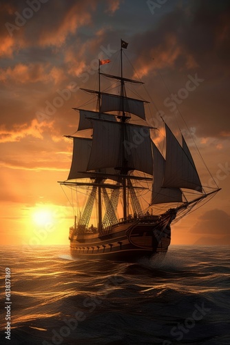 Frigate sailing under full sail at sunset. Generative AI