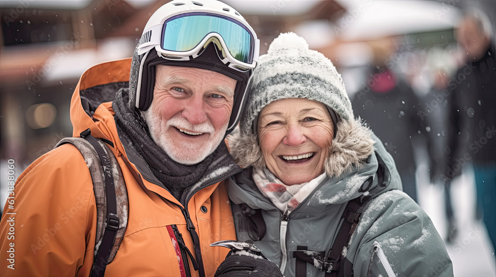 Couple of pensioners have a rest in ski resort. winter holidays